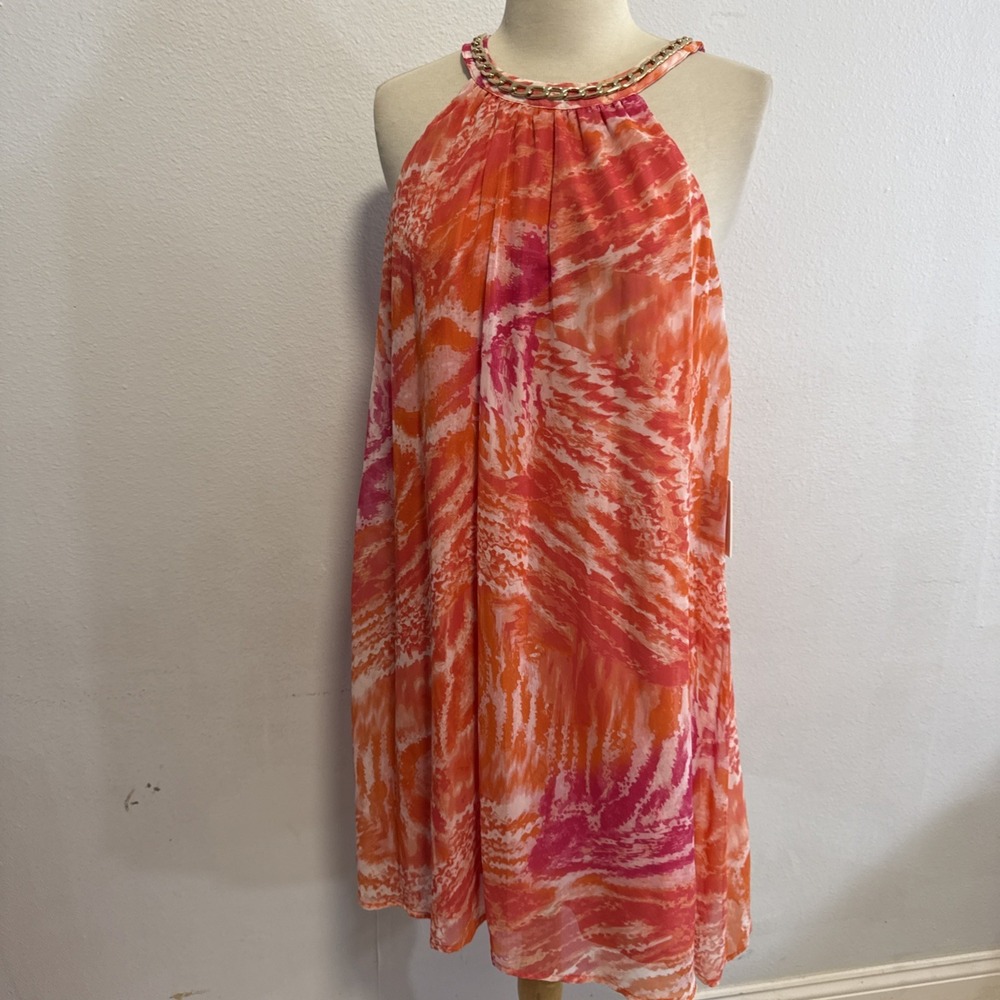 Calvin Klein Dress 12 Orange Pink Chain Halter Shift Cocktail Formal Summer - Picture 3 of 13